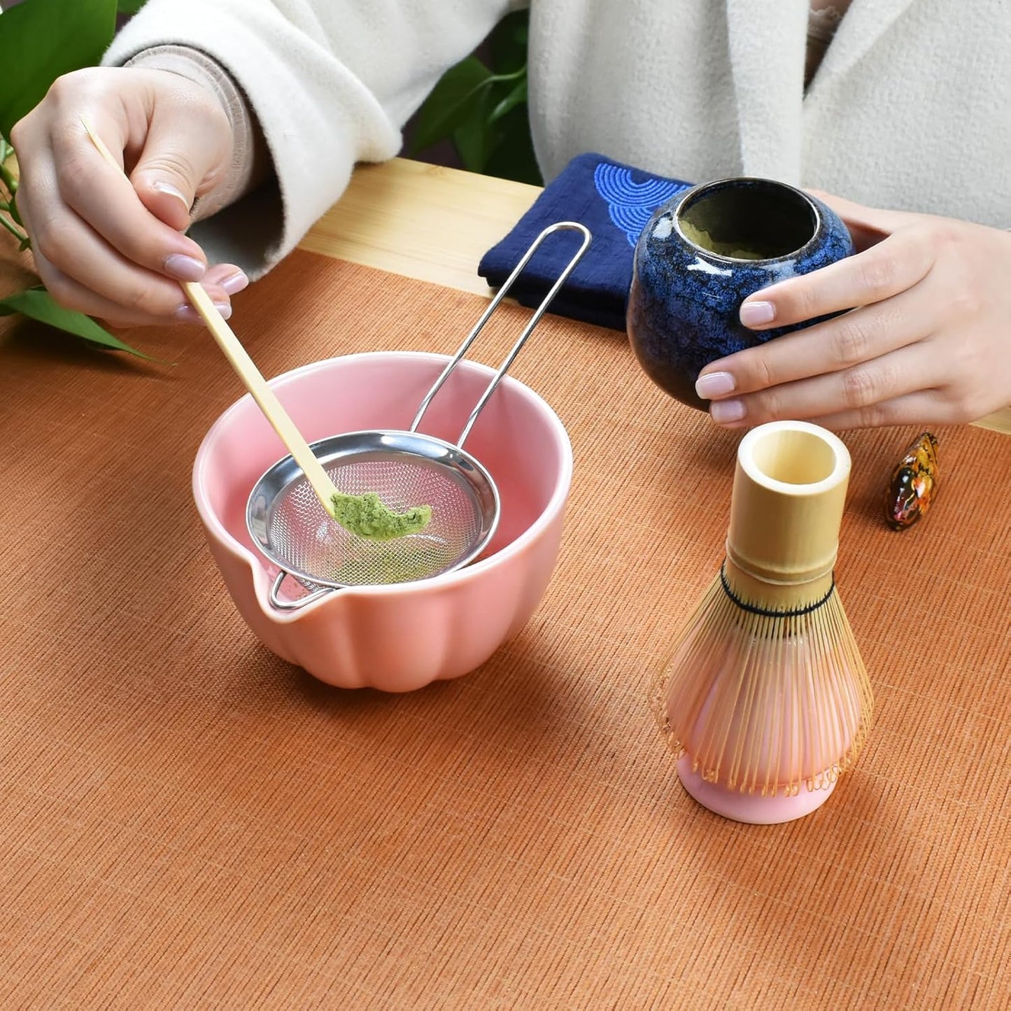 Artcome 7 Pcs Japanese Matcha Tea Set - Matcha Bowl with Pouring Spout, Matcha Whisk, Tea Scoop, Whisk Holder, Handmade Matcha Ceremony Kit For Japanese Tea Ceremony, Rose