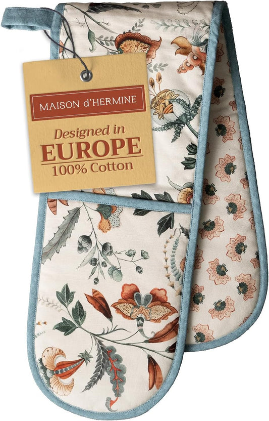 Maison d' Hermine Double Oven Mitts 100% Cotton 7"x35" Double Oven Mitt Heat Resistant BBQ Cooking Gloves with Loop, Baking, Grilling, Home, Kitchen, Handling Hot Pans (Dalida)