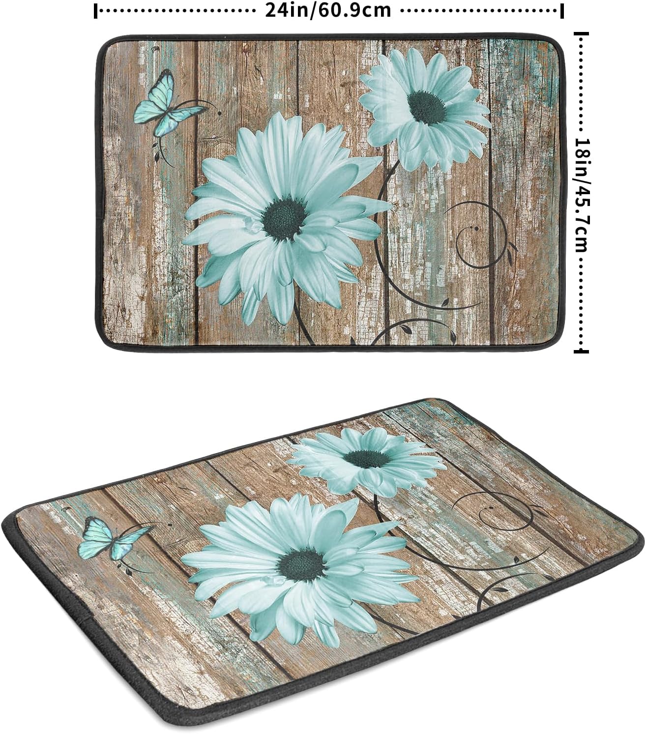 Rustic Daisy Dish Drying Mat for Kitchen Countertop 18x24 inch Teal Sunflowers on Wooden Board Dish Drainer Mats Fast Drying Country Vintage Style Shabby Chic Flower Dish Drying Pad Decor Large
