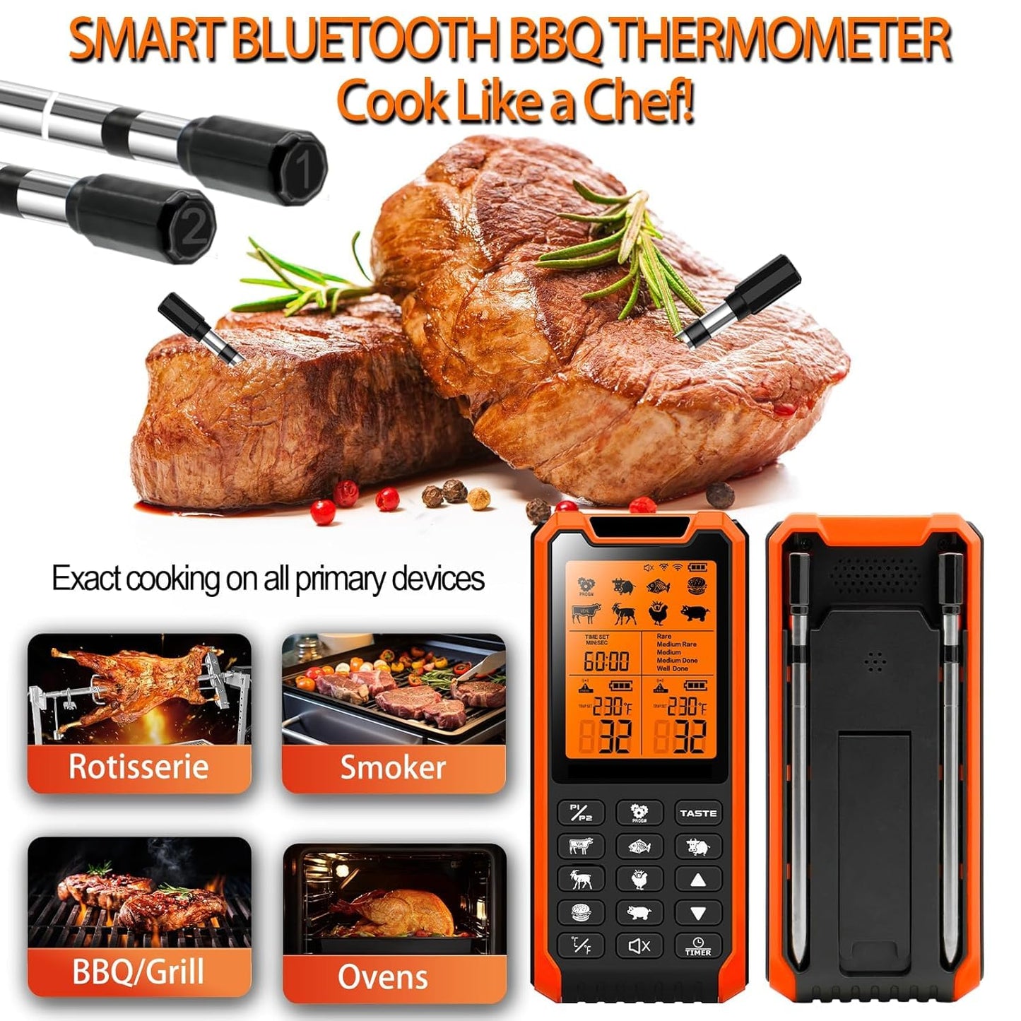 Smart Bluetooth Meat Thermometer - Long Range Wireless Food Thermometer, Digital Meat Thermometer with Dual Probes for BBQ Grill, Oven, Smoker, Air Fryer
