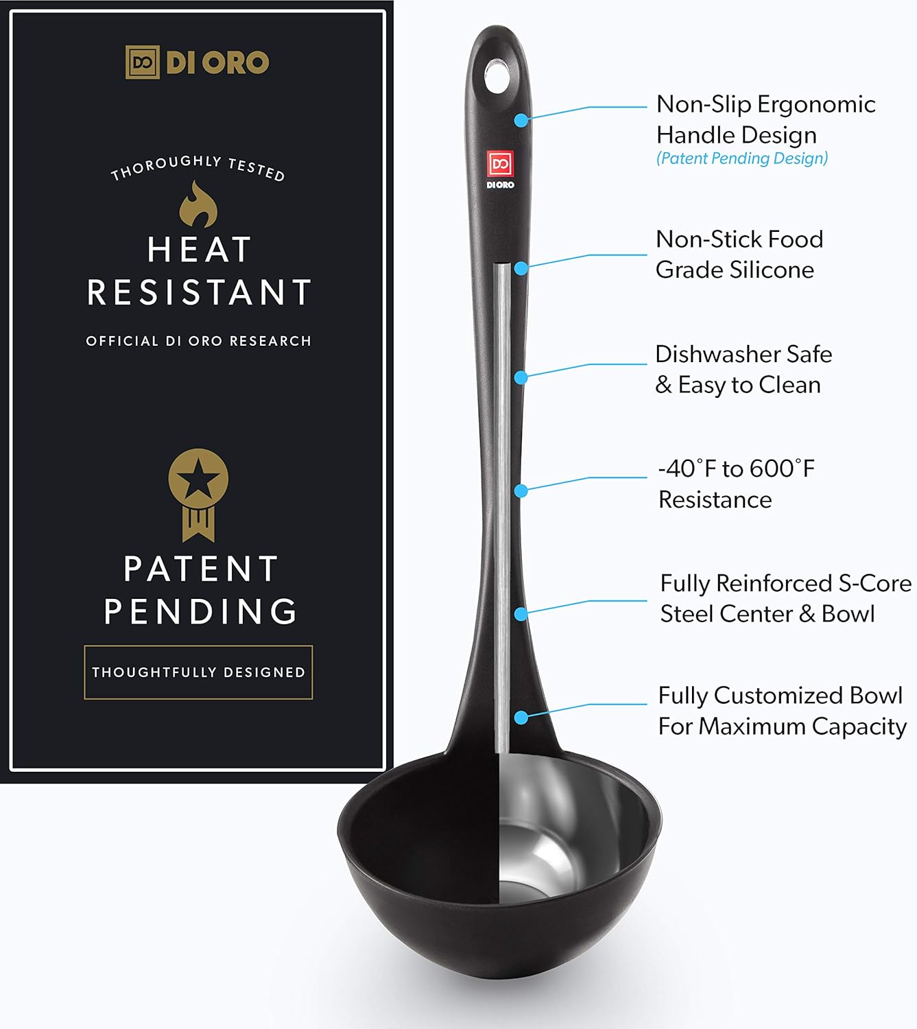 DI ORO Silicone Ladle – Soup Ladle for Cooking & Serving Heat-Resistant - Large Kitchen Soup Ladle Nonstick Cookware Safe - Soup Serving Spoon with Wide Bowl - Silicone Utensil Dishwasher Safe (Black)