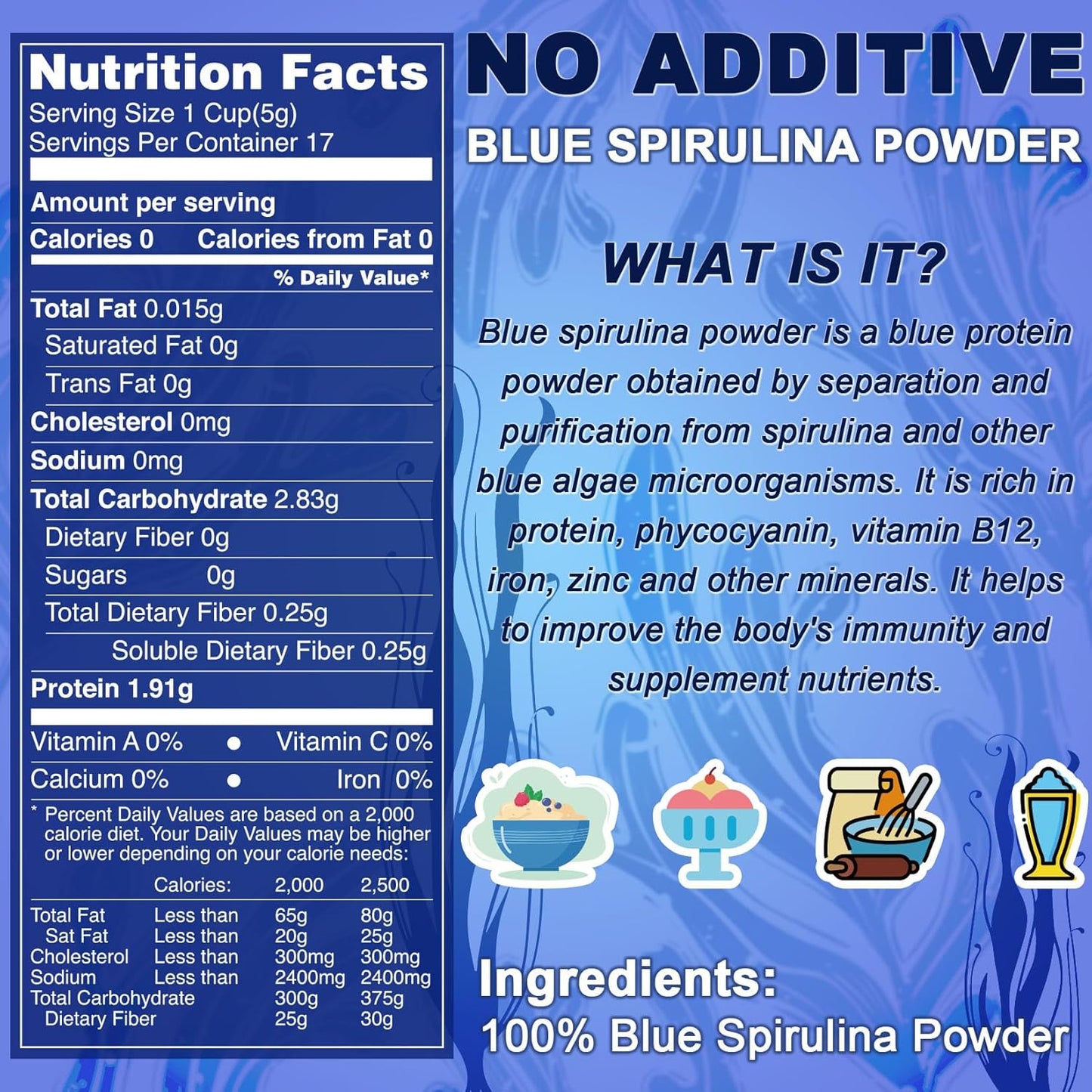 Blue Spirulina Powder - 85g Natural Blue Food Coloring, No Fishy Smell, Food Dye from Spirulina Algae, Plant Based Coloring Powder for Smoothies, Baking, Drinks