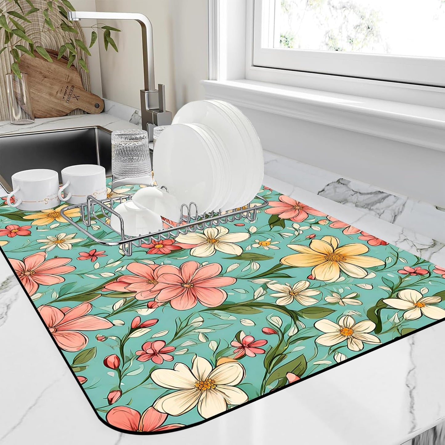 Dish Drying Mat Spring Flower Kitchen Mat 16"x24" Bsorbent Coffee Maker Mat for Dishes,Utensils Coffee Maker Pots and Pans Easy Clean Dish Slip Resistant Pad