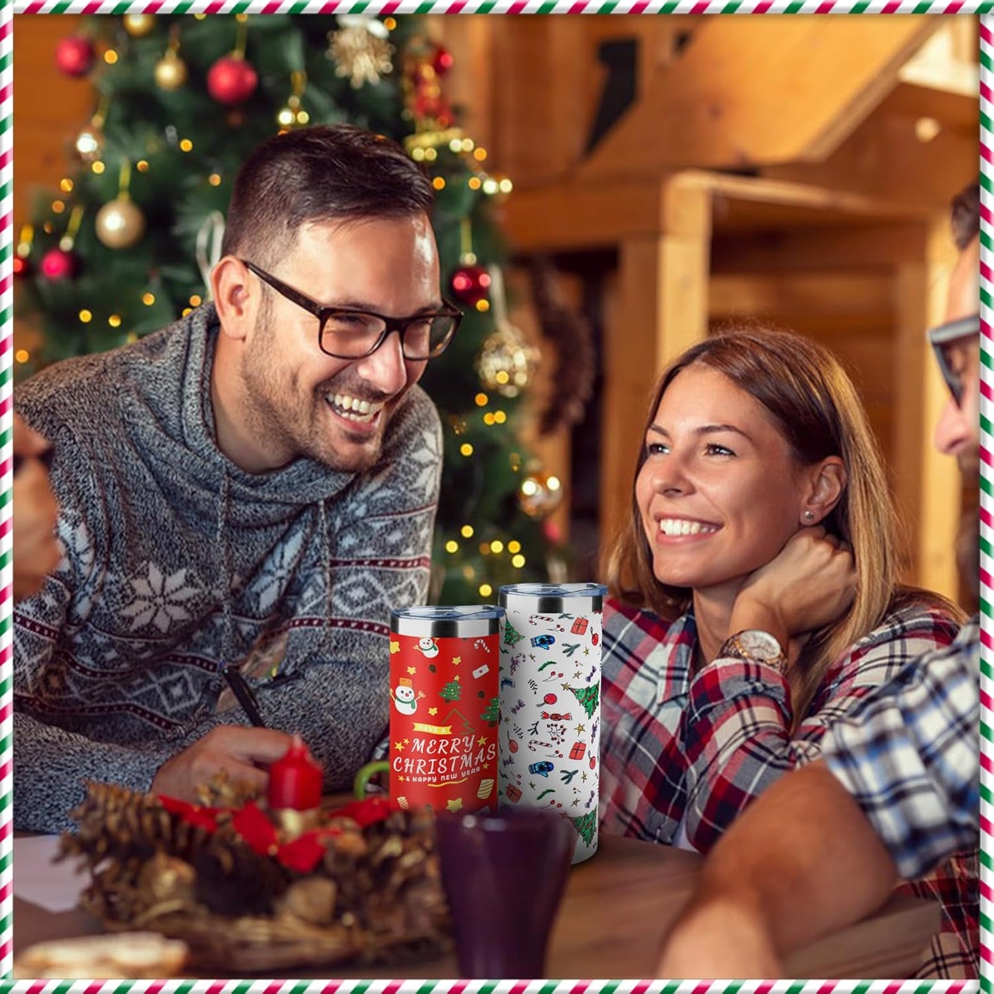 20oz Christmas Skinny Tumbler with Lid and Straw,Stainless Steel Vacuum Insulated Tumbler Cup Double Wall Travel Coffee Mug Christmas Gifts for Women Men(Xmas Elements,2)