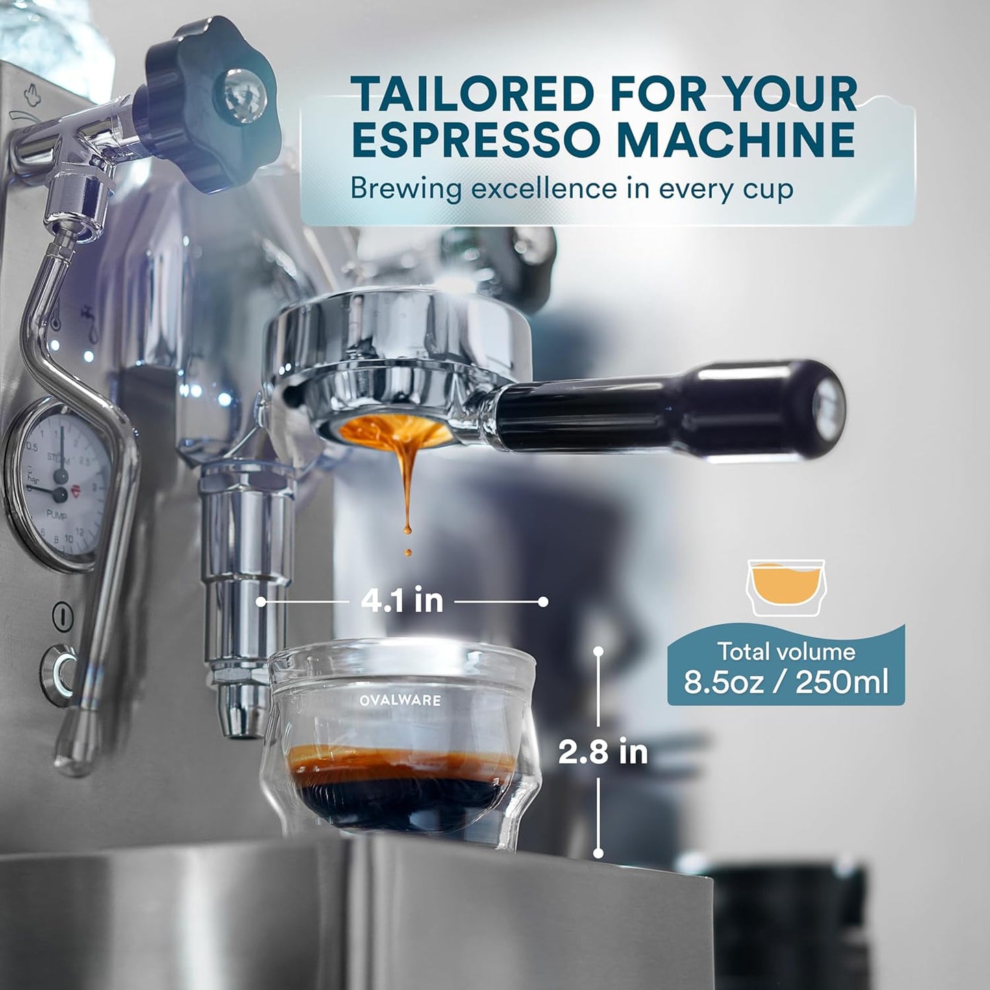 ovalware 8.5oz Double Wall Latte Cups, Latte Set of 2 - Double Wall Glasses for Cold & Hot Drink, Palm-Sized Cups with Wide Rim for Latte Art - Clear Design