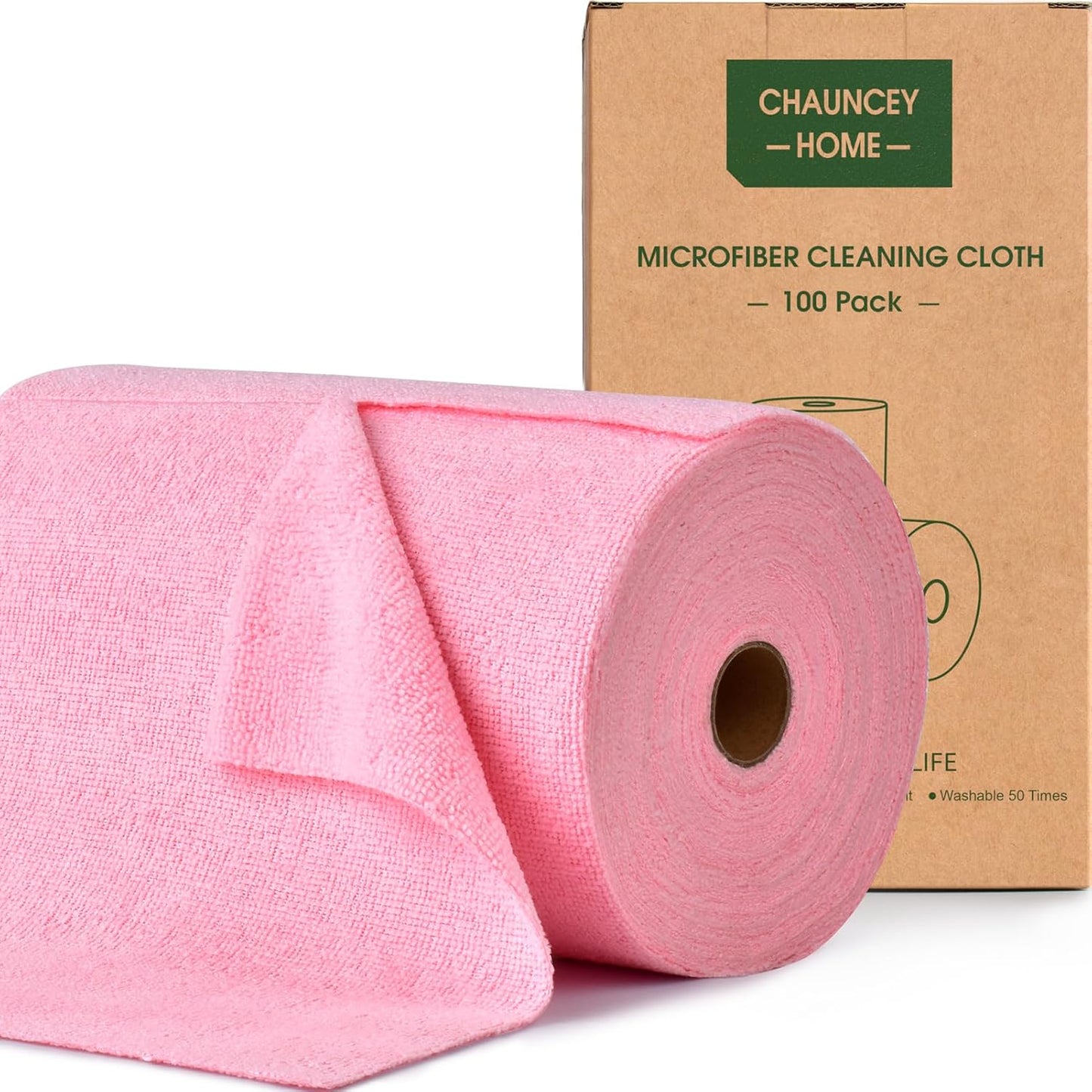 Roll of Microfiber Cleaning Cloth –100 Pack, Tear Away Microfiber Towels, Reusable, Washable, Scratch-Free, Cleaning Supplies,Kitchen Towels for Car, Home, Kitchen, Dishes (Pink)