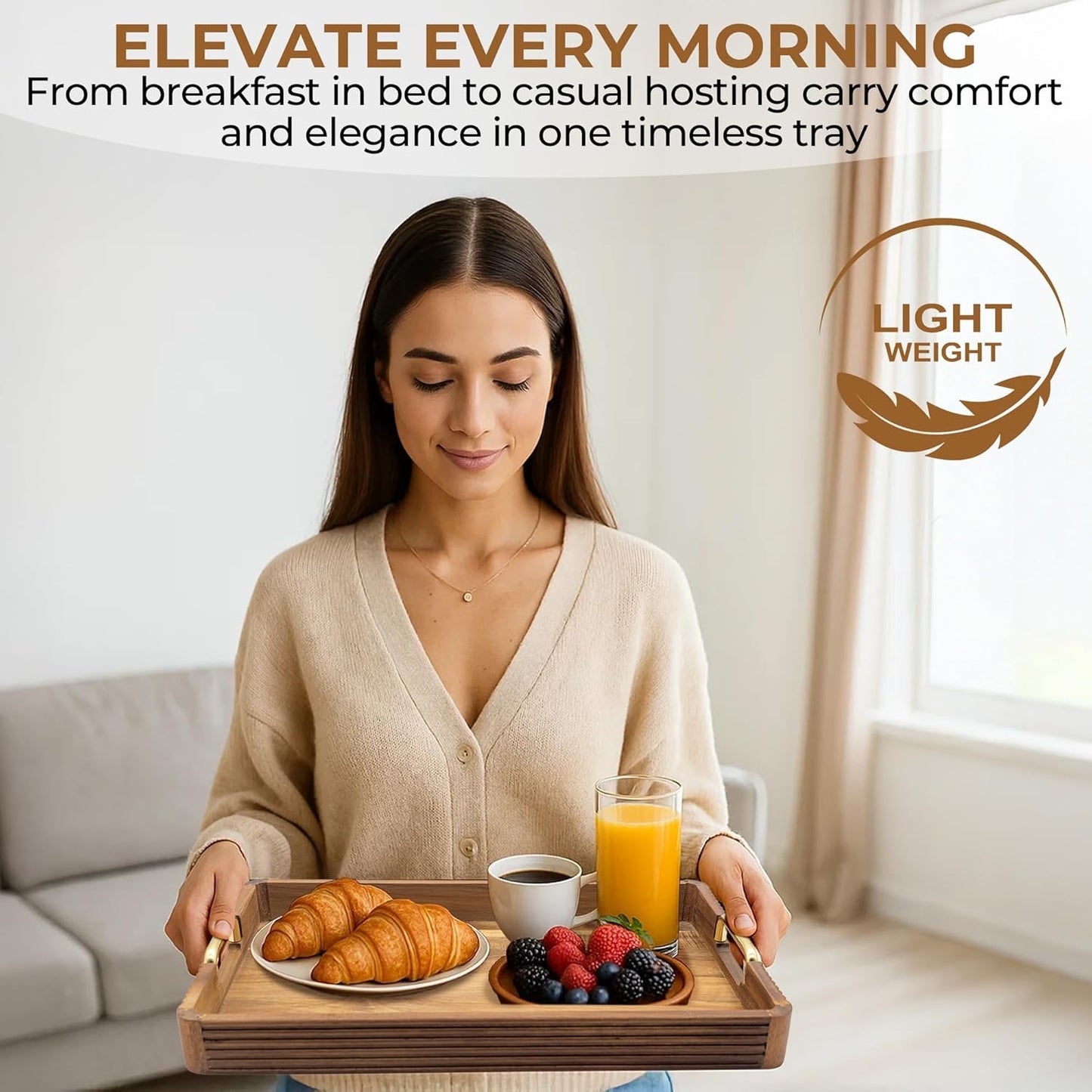 Acacia Wood Serving Tray with Metal Handles  – 17x12in Rustic Decorative Ottoman & Coffee Table Tray for Breakfast in Bed, Dinner, Bar, Kitchen, Home Décor & Entertaining