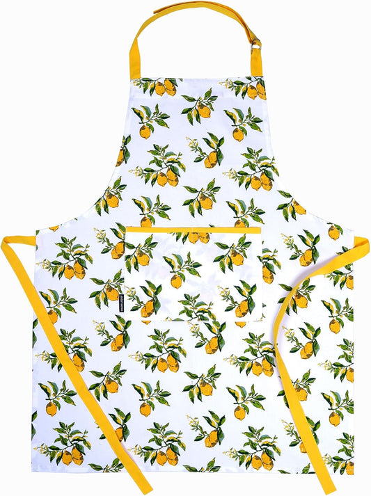 AMOUR INFINI Cotton Aprons for Women with Pockets Adjustable Strap and Waist Ties Washable Printed Aprons for Baking, Cooking, Gardening (27.5 x 33 Inches - Lemon Print)