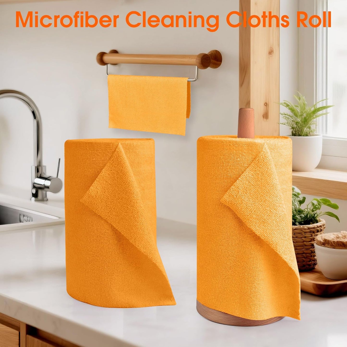 Roll of Microfiber Cleaning Cloth –100 Pack, Tear Away Microfiber Towels, Reusable, Washable, Scratch-Free, Cleaning Supplies, Kitchen Towels for Car, Home, Kitchen (Tangerine Yellow)