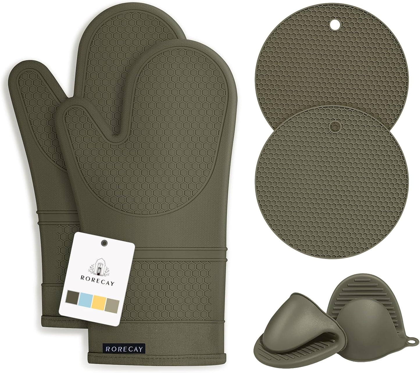 Rorecay 6pcs Oven Mitts and Pot Holders Sets for Kitchen, Extra Long Silicone Oven Gloves Heat Resistant 500 Degrees Non-Slip Potholders Hot Pads for Baking Cooking, Forest Night