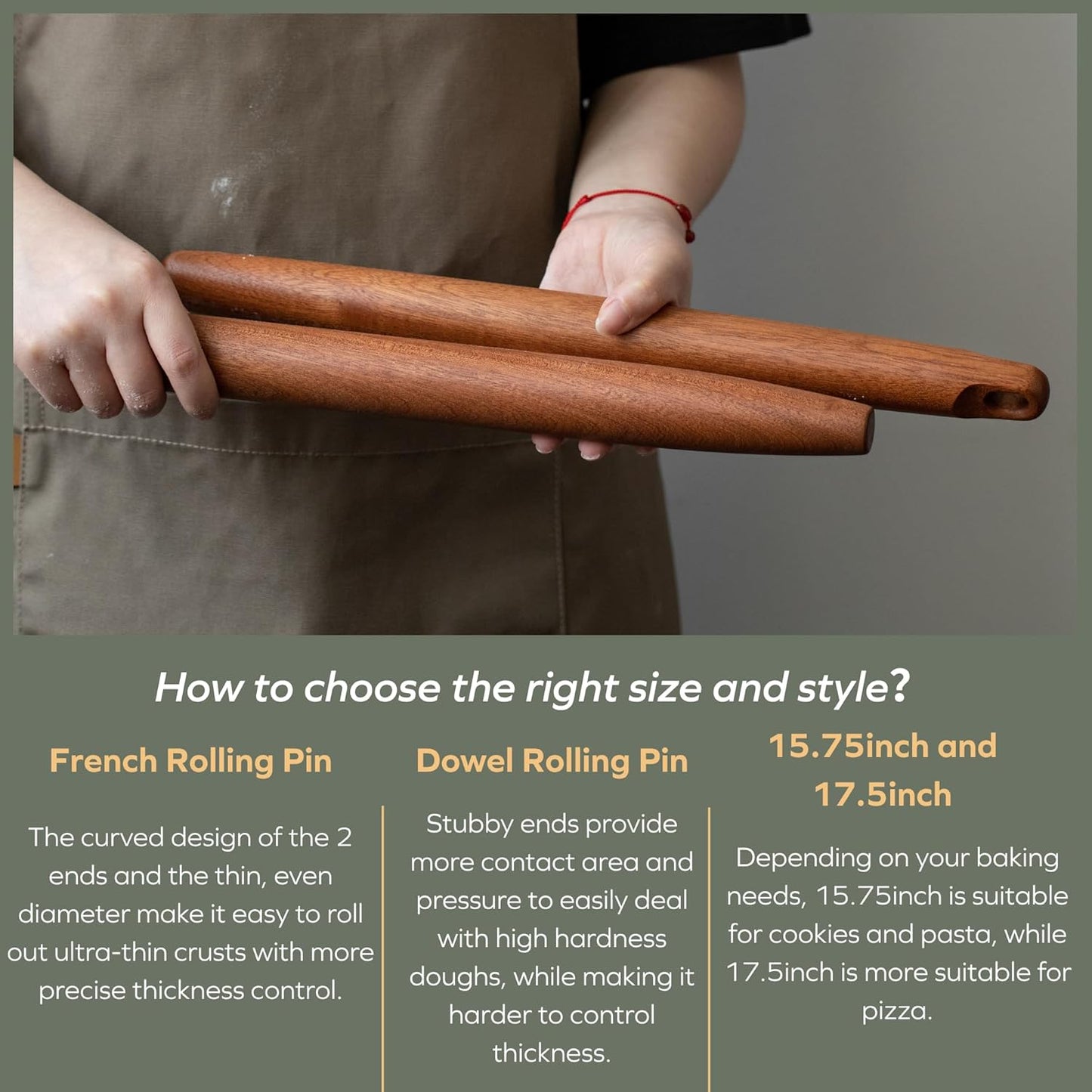 Muso Wood Sapele Wooden French Rolling Pin for Baking, Tapered Roller for Fondant, Pie Crust, Cookie, Pastry (French 17.5inch)