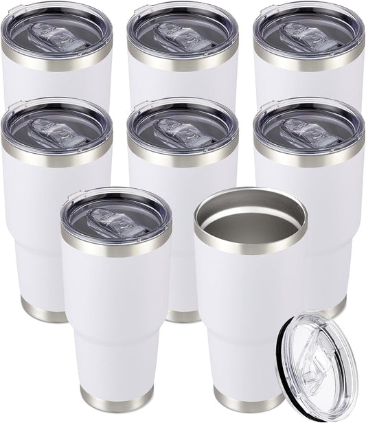 30 oz Tumbler with Lid Stainless Steel Tumblers Bulk Vacuum Insulated Cup Reusable Powder Coated Travel Mug Double Wall Leak Proof Cups Keep Cold Drinks for 12 Hours White, Set of 8