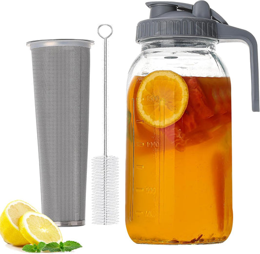 Cold Brew Maker with V-Spout, 2 Quart (64oz) Glass Pitcher with Lid, Easy Pour Breast Milk Pitcher for Iced Tea, Cold Brew Coffee, Milk and Water - Grey