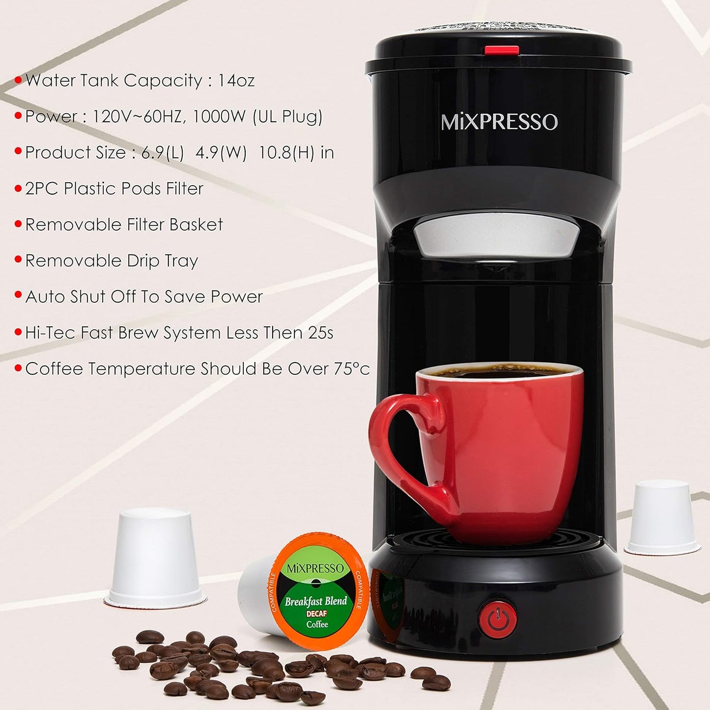 Mixpresso 2-in-1 Coffee Maker – Single Serve & Ground Coffee Brewer, Compact Personal Coffee Machine for Pods & Loose Grounds, Quick Brew 14 oz Portable Small Coffee Maker, Black