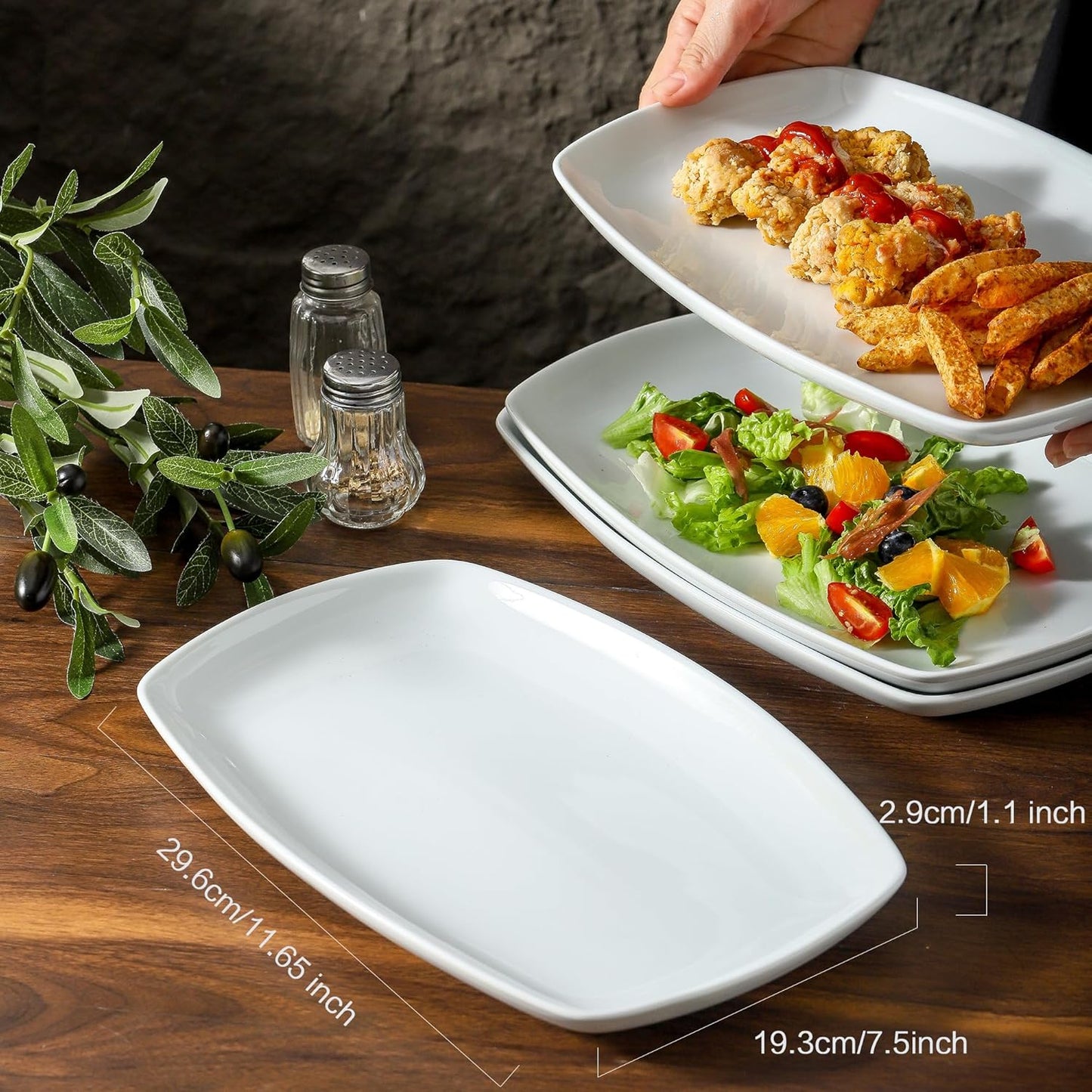 fMBB White Rectangular Plate Set, Ceramic Large Serving Platters, 12 Inch Dessert Trays for Party, Entertaining, Food, Appetizers, Dishwasher and Oven Safe Salad Dishes Set of 4