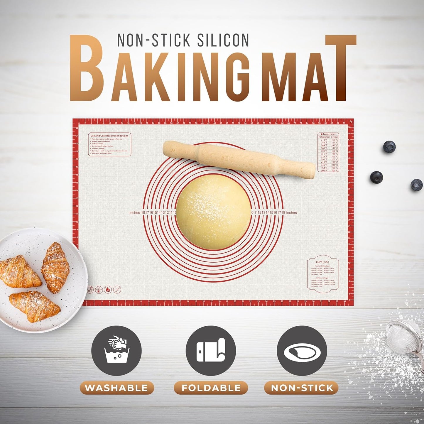 36 * 24 inches Red, Non-Slip Silicone Baking Sheets - Baking Mat with 0.7mm Thickness - Non-Stick Pastry & Cookie Mat for Kitchen Counter for Rolling Out Dough with Measurements.