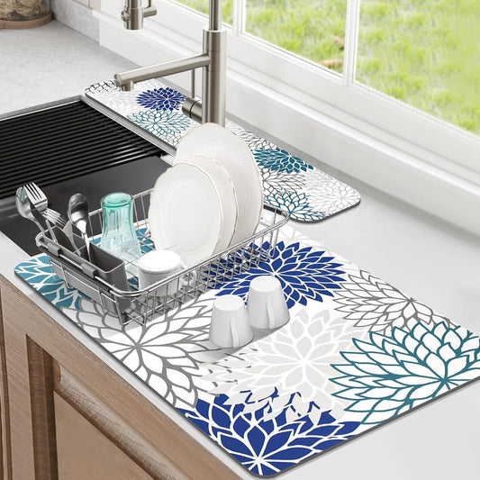Findosom 2PCS 16" x 24" Dish Drying Mat & 24" x 5.5" Sink Splash Guard, Super Absorbent & Cuttable Dish Mat Drying Kitchen Mat with Blue Floral, Hide Stain Drying Mat for Kitchen Counter