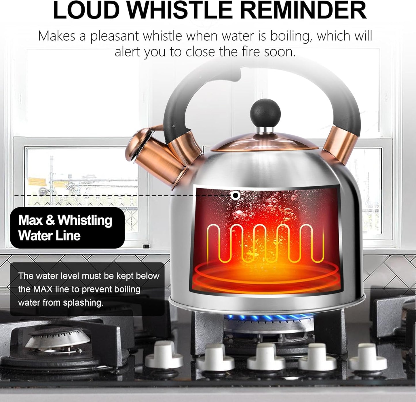 SUSTEAS Tea Kettle - 3.17QT Whistling Kettle with Ergonomic Handle - Premium Stainless Steel Tea Pots for Stove Top, Chic Vintage Teapot with Composite Base, Work for All Stovetops (Silver)