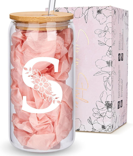 Personalized Gifts for Women, Monogrammed Glass Cups with Lids and Straws, Custom Tumbler, Cute Customized Mug, Aesthetic Stuff, Initial Iced Coffee Cup, Drinking Glasses, Birthday Teacher Gifts, S