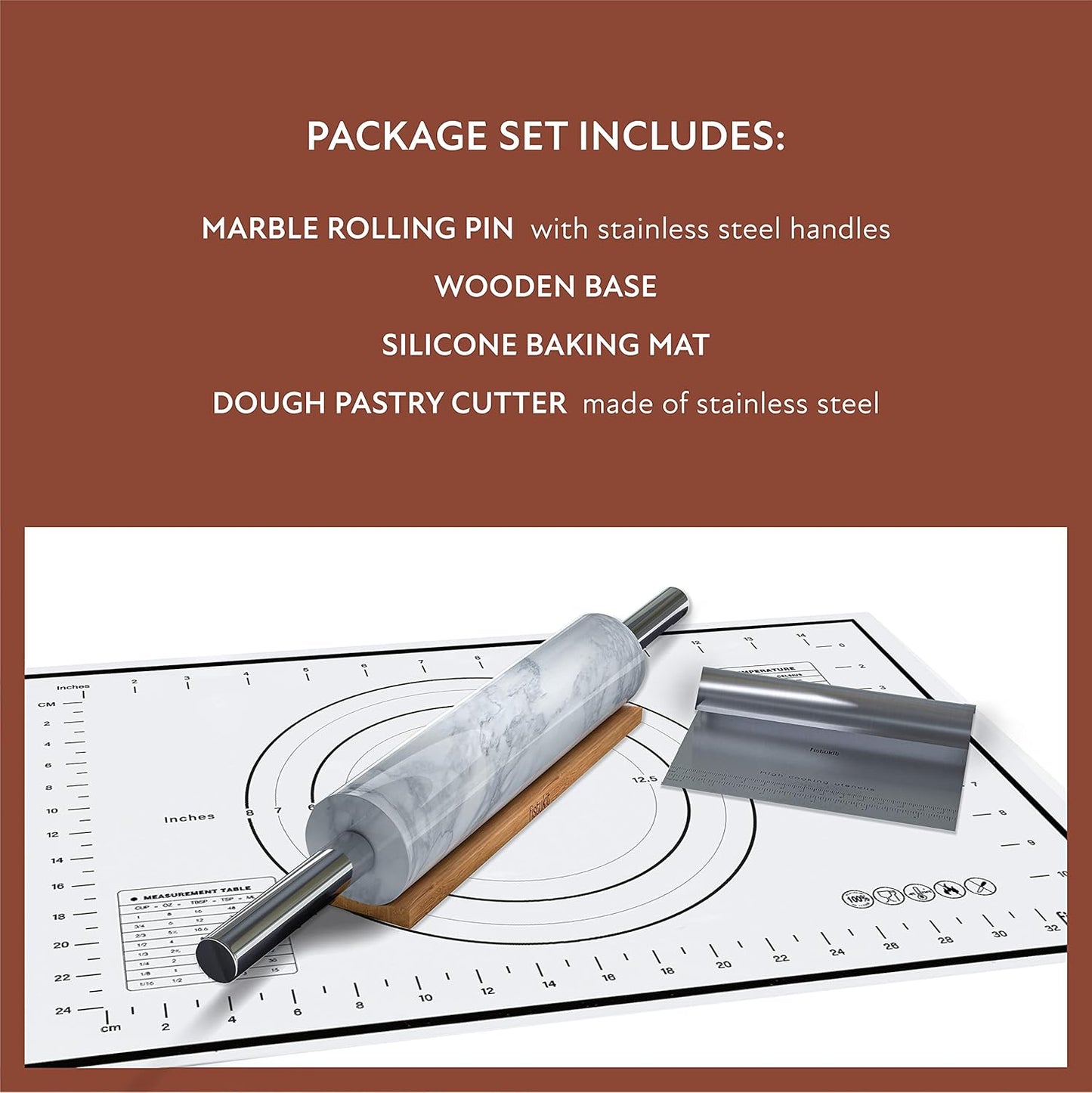 White Marble Rolling Pin with Stainless Steel Handles Baking Set - Silicone Baking Mat, Bench Scraper, Wooden Base