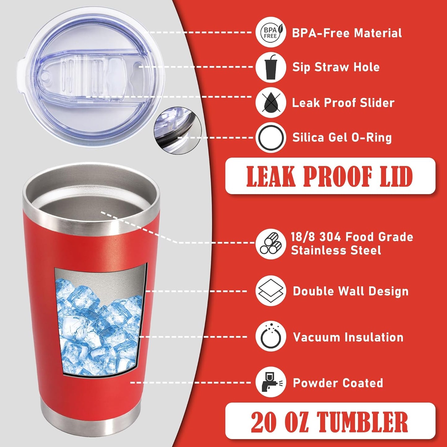 20 oz Tumbler Coffee Tavel Tumblers Bulk with Lid Stainless Steel Double Wall Vacuum Insulated Mug Powder Coated Cups fit Car Cupholder for Hot and Cold - Red, 8Pack