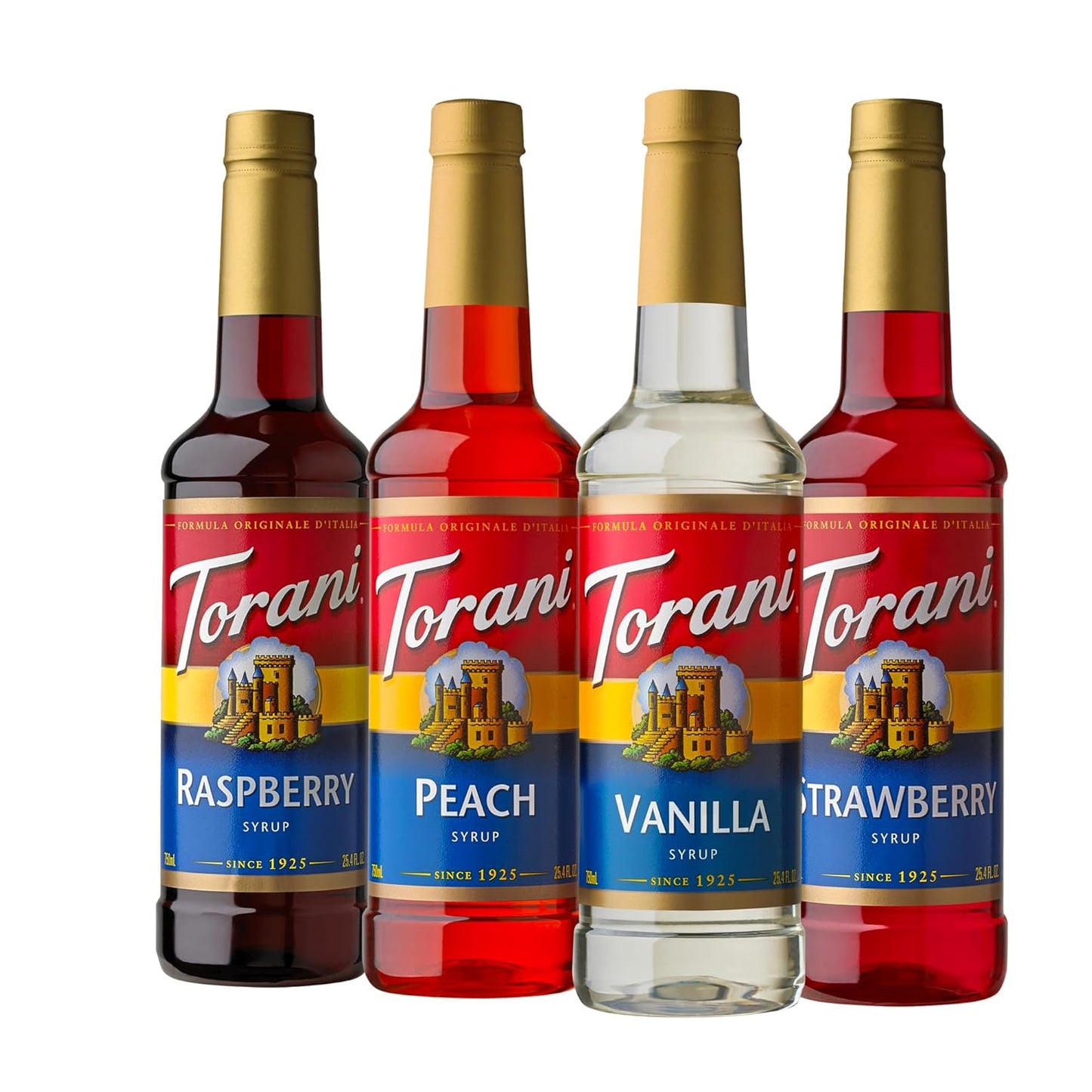 Torani Flavored Drink Syrup Soda Shop Variety Pack, Raspberry, Peach, Vanilla & Strawberry, 25.4 fl oz (Set of 4)
