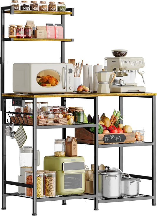 Huuger 39.4 Inch Bakers Rack with Power Outlets, Kitchen Microwave Stand with Storage, Coffee Bar with 4 Hooks, 3-Level Height Open Shelves, Retro Brown