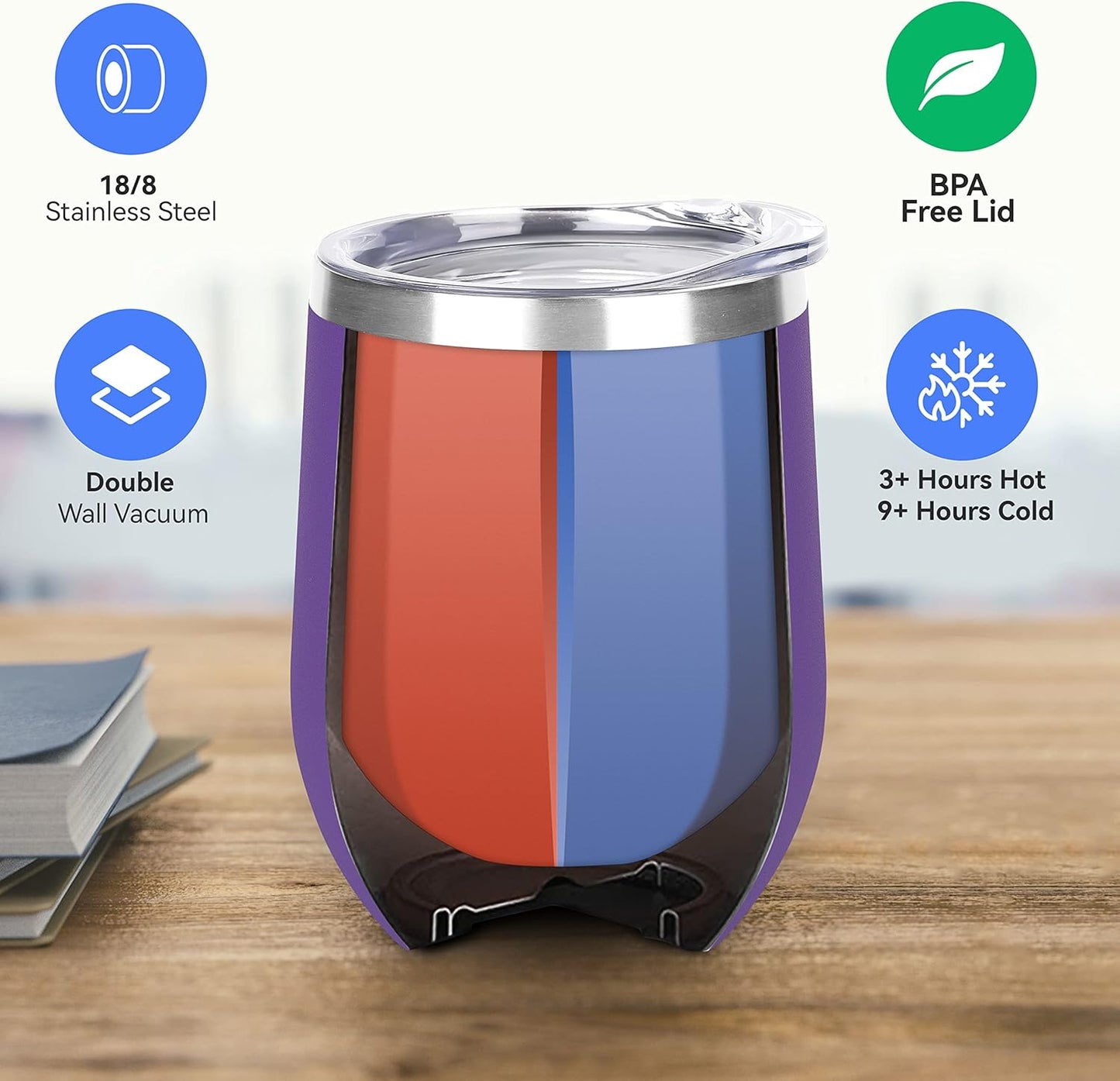 DOMICARE Stainless Steel Wine Tumbler Bulk with Lid, Personalized Insulated Tumblers Set, 12oz Travel Coffee Cups Pack of 1, Purple