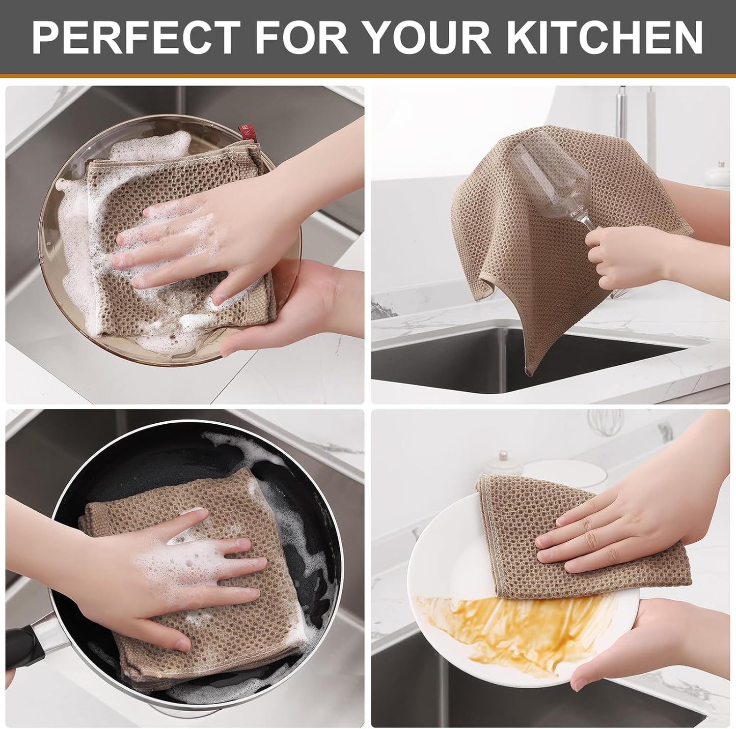 Kitinjoy 100% Cotton Kitchen Dish Cloths, 12 Pack Waffle Weave Ultra Soft Absorbent Dish Towels for Drying Dishes Quick Drying Kitchen Towels Dish Rags, 12 X 12Inch, Tan