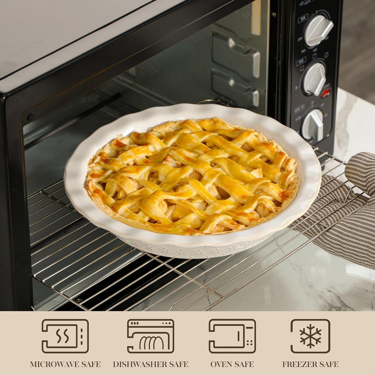 MALACASA 9 Inch Pie Pan, Embossed Deep Dish Plate, 45 OZ Round Quiche Baking Dish for Oven, Fluted for Apple Pie and Quiche, Set of 2, Series LYDIA