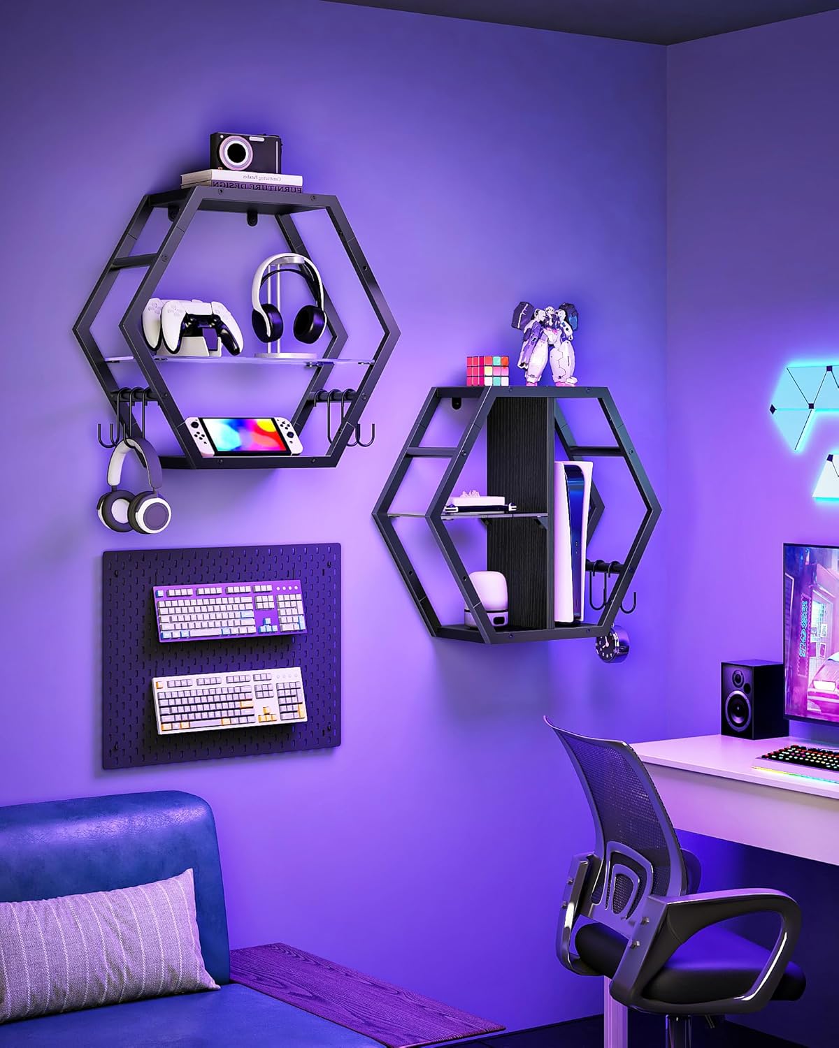 Hexagon Floating Shelves Set of 2, Glass Hanging Shelves for Wall Decor, Industrial Style Wall Storage Rack and 12 S-Hooks, for Living Room, Bedroom, Office, Game Center, Black TBJ08BB