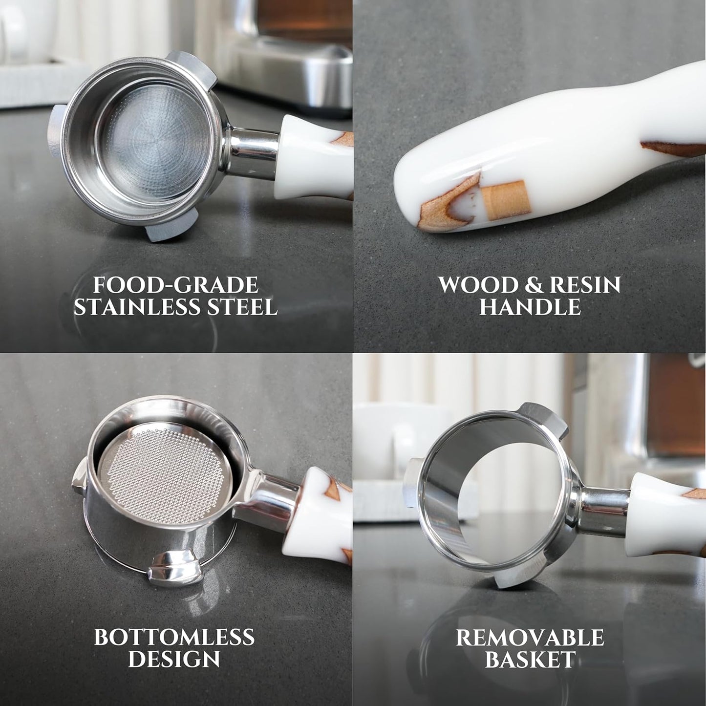 54mm Bottomless Portafilter Modern Handle – Includes Stainless Steel Naked Basket – Fits Breville Barista Express & 54mm Breville Espresso Machines - Espresso Machine Accessories – White