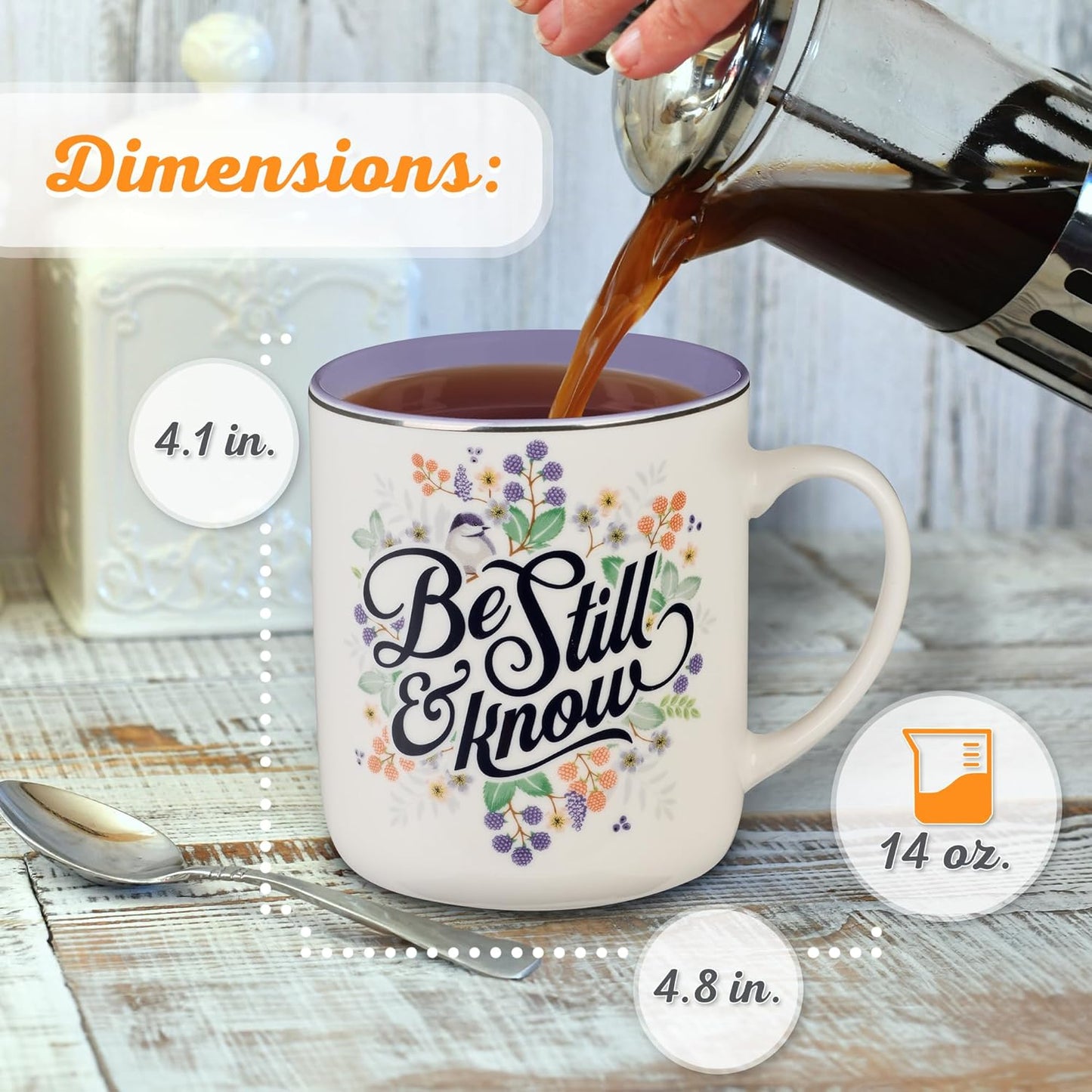 Christian Art Gifts Purple Ceramic Coffee Mug with Silver Rim – 14 oz. Lead & Cadmium-free Non-toxic Inspirational Scripture Coffee and Tea Mug for Women with Bible Verse: Be Still & Know –Psalm 46:10