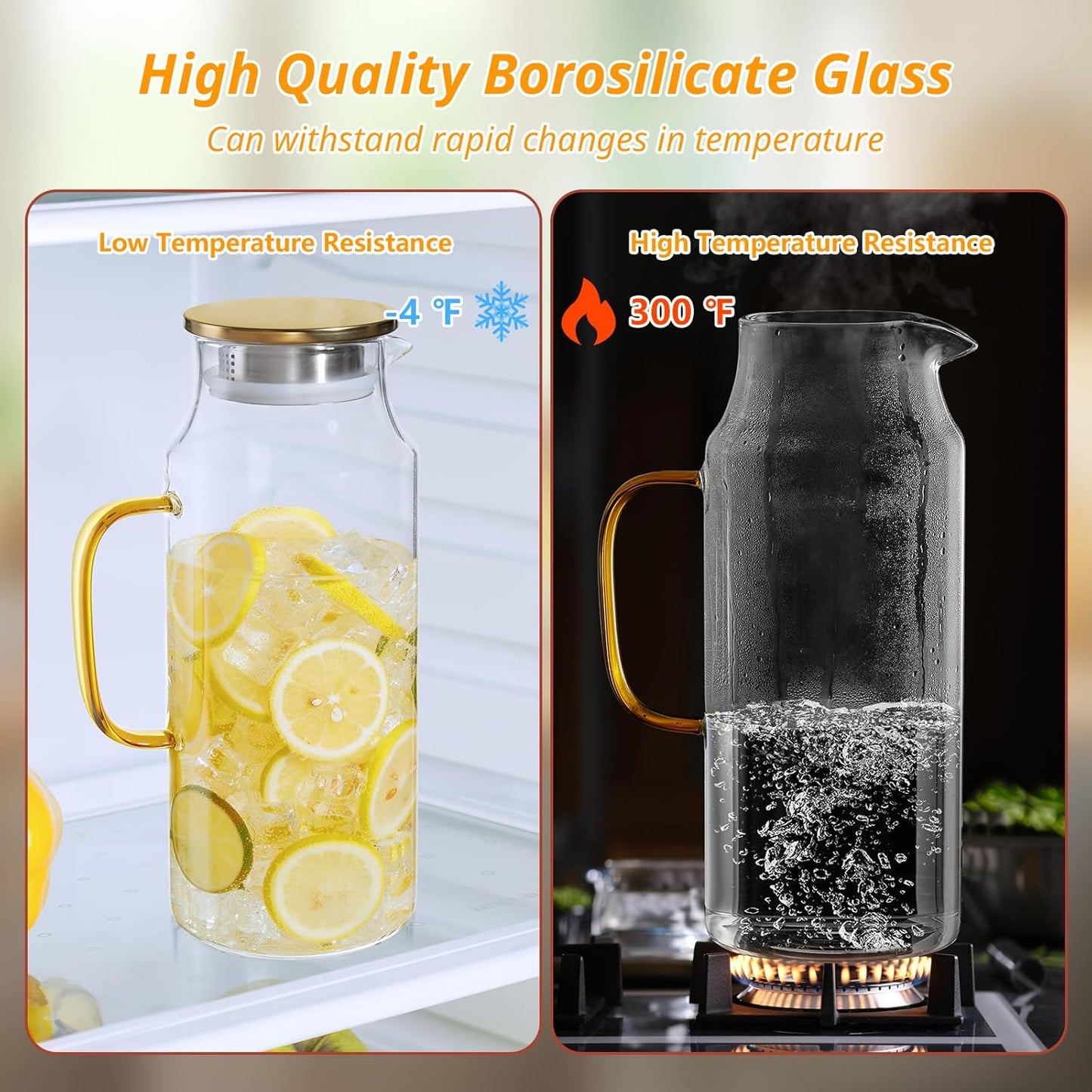 2 Liter 68 oz Glass Pitcher with Lid and Spout, Gold Glass Water Pitcher for Fridge, Glass Carafe for Hot/Cold Water, Large Jug for Iced Tea, Coffee, Juice and Homemade Beverage