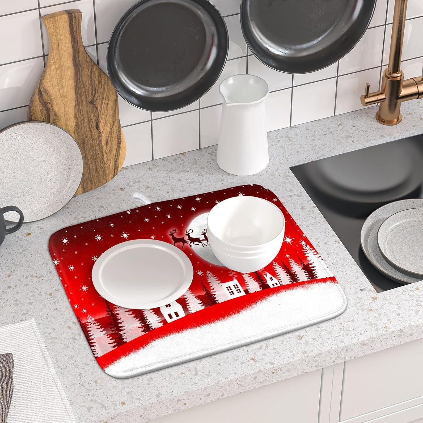 Christmas Reindeer Moon Star Red Dish Drying Mat for Kitchen Counter,White Xmas Tree Castle Drying Mat 16 x 18 Inch with Absorbent Reversible Microfiber Dish Drying Pad for Coffee Bar