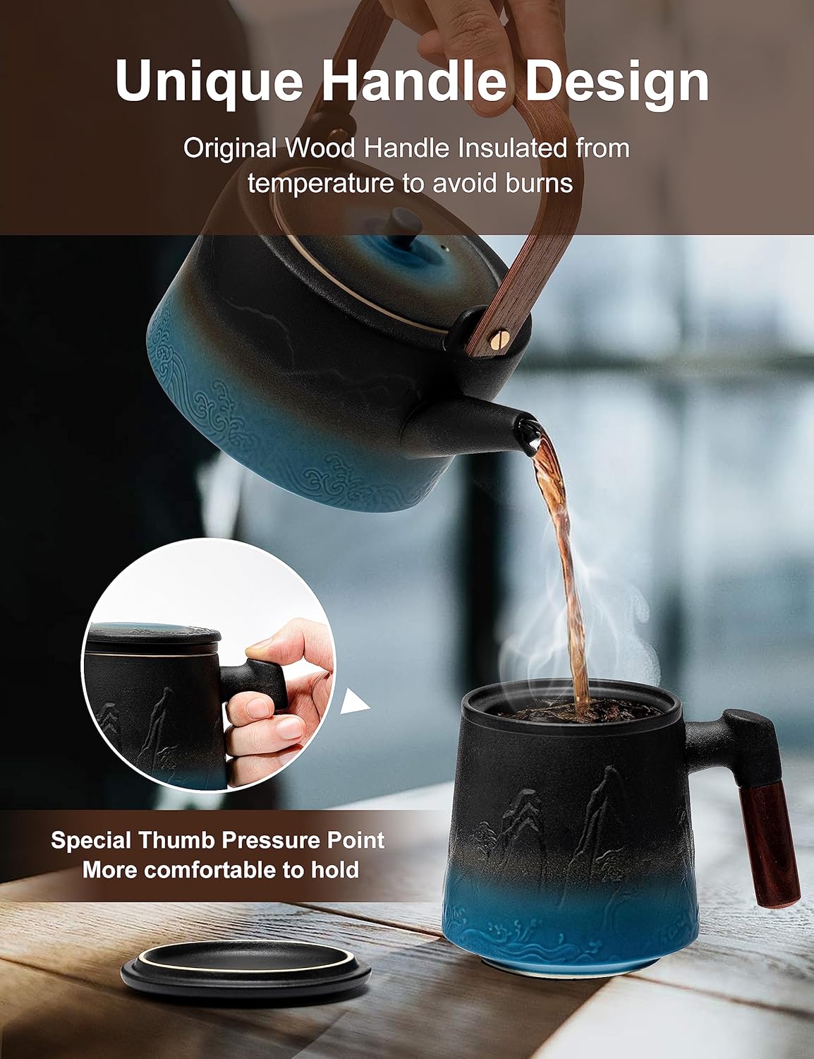 suyika Ceramic Tea Cup with Infuser and Lid, Gradient Embossed Large Tea Mug Wooden Handle for Steeping Loose Leaf, Tea Lover Gifts 15.2 oz / 450 ml,Black & Cyan