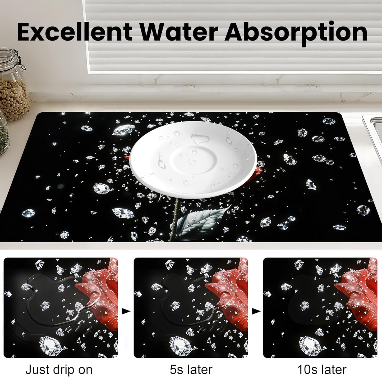 17"x 32" Coffee Bar Mat, Red Rose Absorbent Dish Drying Mat Cuttable Hide Stain Draining Table Pad for Kitchen Counter, Coffee Bar Accessories