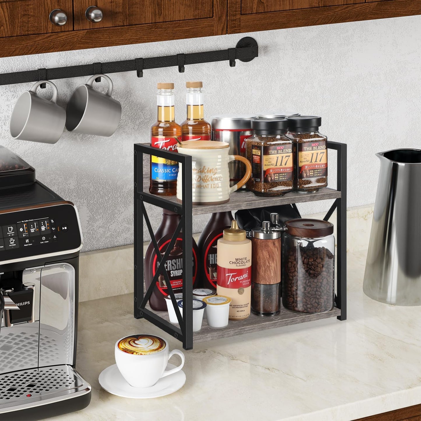 YINMIT Countertop Shelf Organizer,Coffee Bar Accessories,Spice Rack,Coffee Counter Shelf,2 Tier Coffee Organizer Station for Mugs,Cups,Cream,Syrup(Rustic Grey, Medium)