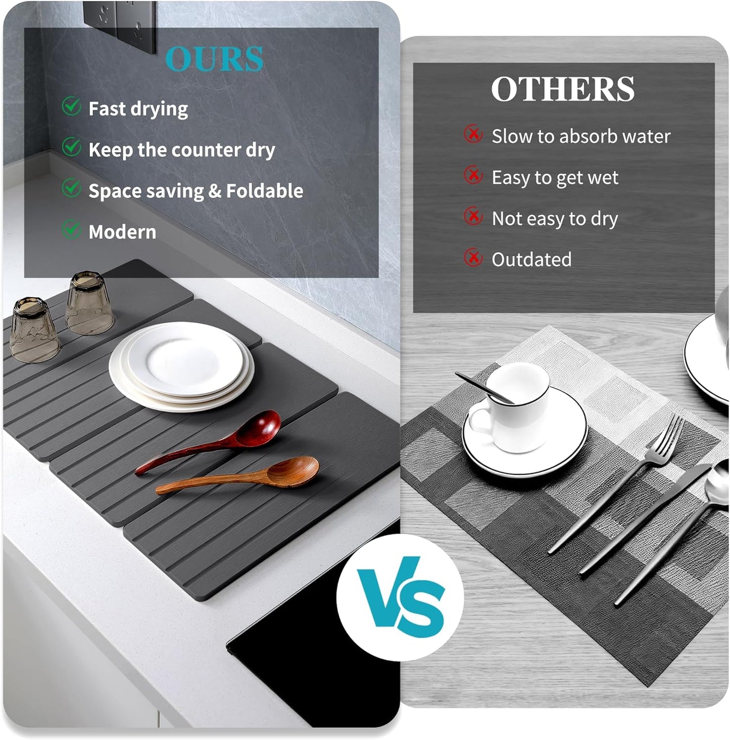 Extral Large Quick Dry Stone Drying Mat for Kitchen Counter,28x16 Inch Collapsible Eco-Friendly Absorbent Diatomaceous Earth Mat for Dishes Cups (Deep Gray-Upgraded Version, 16x12 inch)