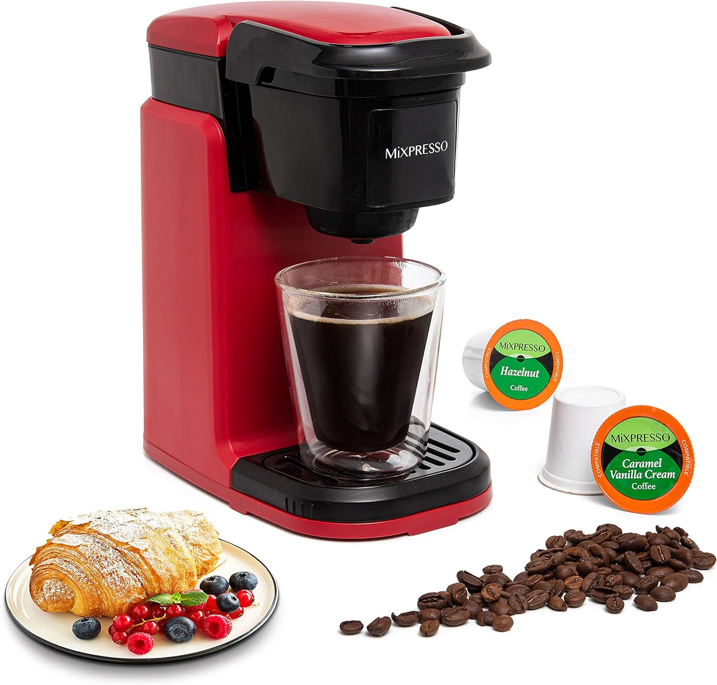 Mixpresso Single Cup Coffee Maker, Personal Single Serve Coffee Brewer Machine, Compatible with Single-Cups, Quick Brew Technology, One Touch Function Red Coffee Maker, 12oz One Cup Coffee Maker