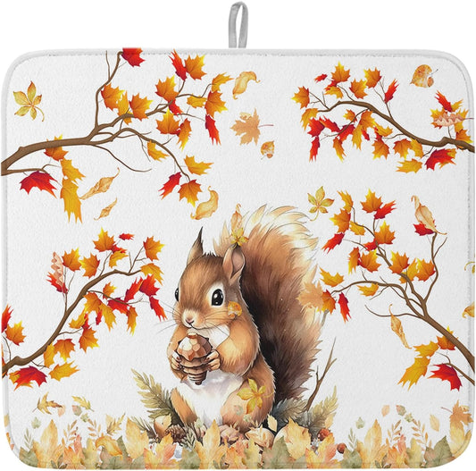 Fall Dish Drying Mat for Kitchen Counter Squirrel Drying Pad Absorbent Drying Mats for Countertops Sinks Draining Racks Pine Cone Autumn Maple Leaves Drainer Holiday Harvest Thanksgiving Decor 16x18