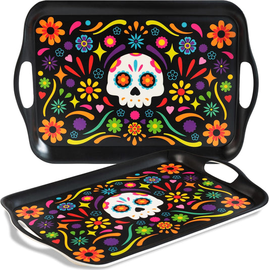 Oasis Choice 2-Pack Day of the Dead Bamboo Fiber Serving Trays - 18x13 Inch Extra Large w/Handles for BBQ, Picnic, Party - Durable Lightweight Serving Platters - Sugar Skull and Marigold Decor (Black)