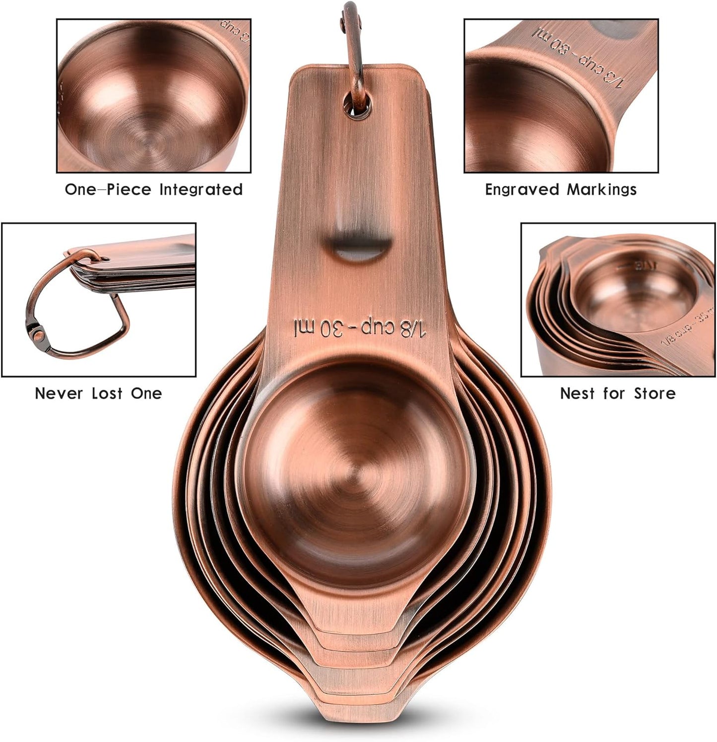 Smithcraft Copper Measuring Cups Set 7, Metric & US Stainless Steel Measuring Cups for Kitchen & Baking, Metal Measure Cups for Dry & Liquid, Nesting Measuring Cup Set with 1/8 2/3 & 3/4 Cups