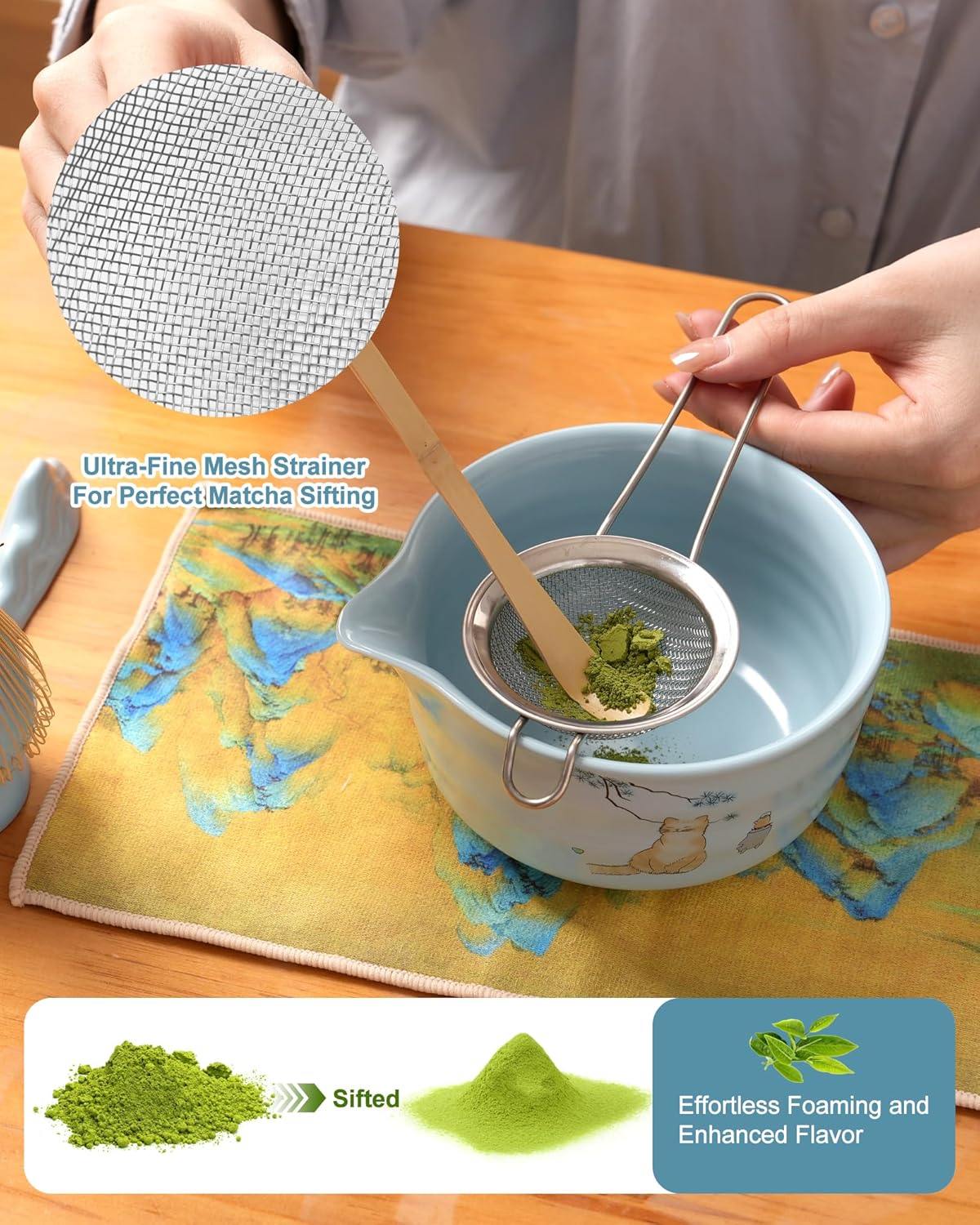 Matcha Set, Japanese Tea Set Includes Matcha Bowl, Matcha Whisk and Holder, Bamboo Scoop, Scoop Rest, Sifter and Tea Towel-7 Pcs, Ceramic Matcha Kit for Tea Lovers (Blue)