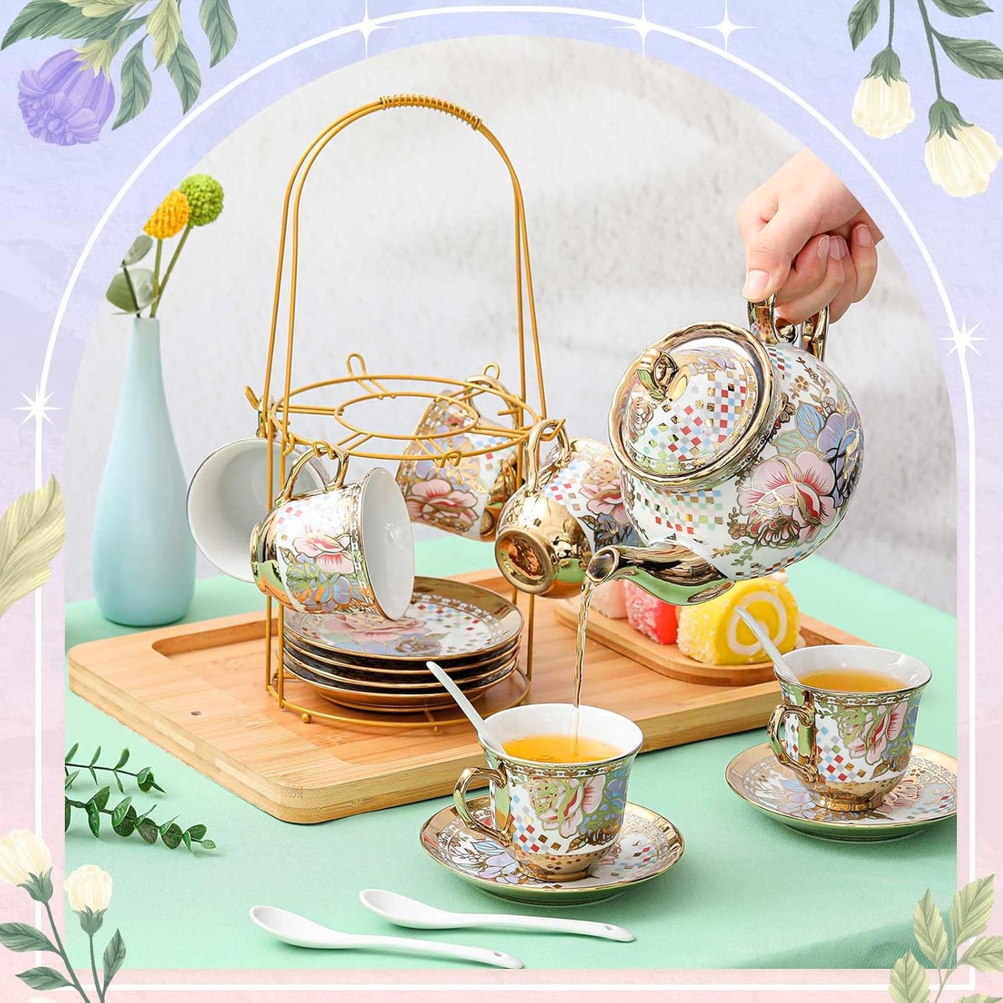 Zhehao 20 Pcs Porcelain Tea Set with Metal Holder and Spoon Adult Ceramic Tea Party Set European Flower Painting Teapot Cup Saucer Spoon Set for Women, Large Version(Rustic Style)
