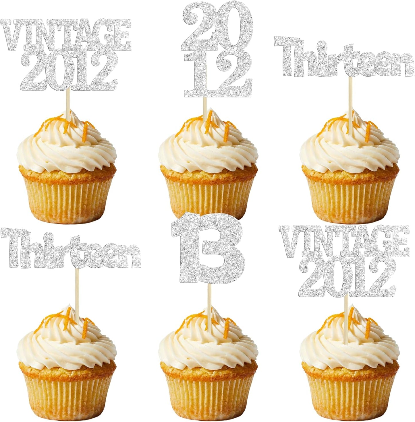 Gyufise 24Pcs 13th Birthday Cupcake Toppers Glitter Thirteen Vintage 2012 Hello 13 Years Birthday Cupcake Picks Official Teenager 13 Cake Decorations for Happy 13th Anniversary Party Silver