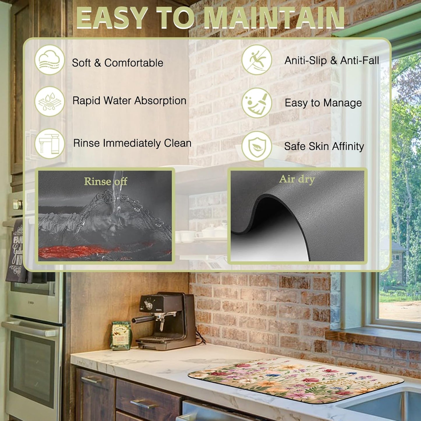 Colorful Wildflowers Dish Drying Mat Meadow Flowers Floral Kitchen Mat 12"x19" Bsorbent Coffee Maker Mat for Dishes,Utensils Coffee Maker Pots and Pans Easy Clean Dish Slip Resistant Pad