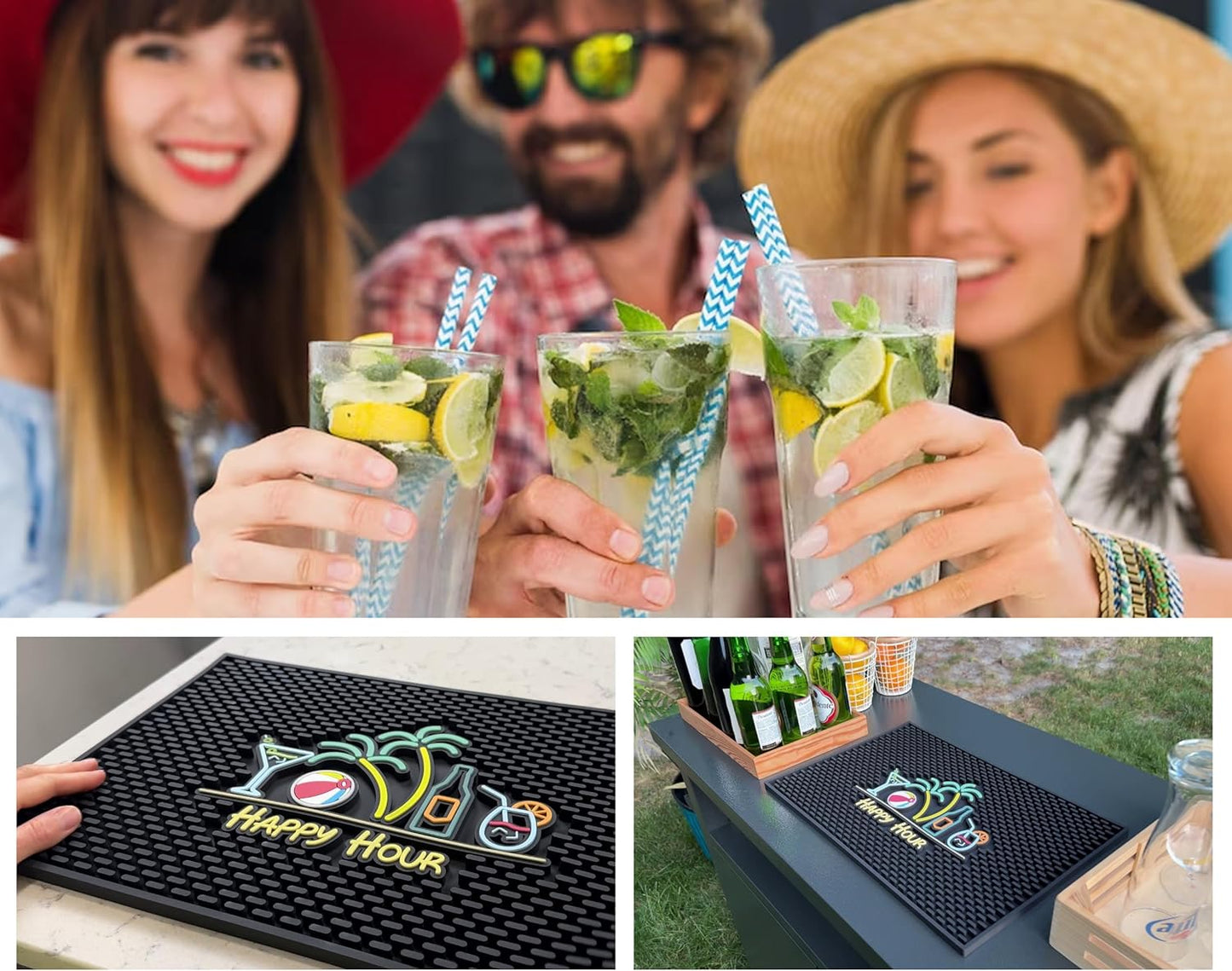 Tiki Bar Decor Happy Hour Mat 18x12 in, Tiki Bar Mats for Countertop with Martini, Beach Ball, Palm Trees, Beer Bottle and Cocktail Design - Outdoor Tiki Bar Mat, Tiki Decor Bar Mats for Bartending