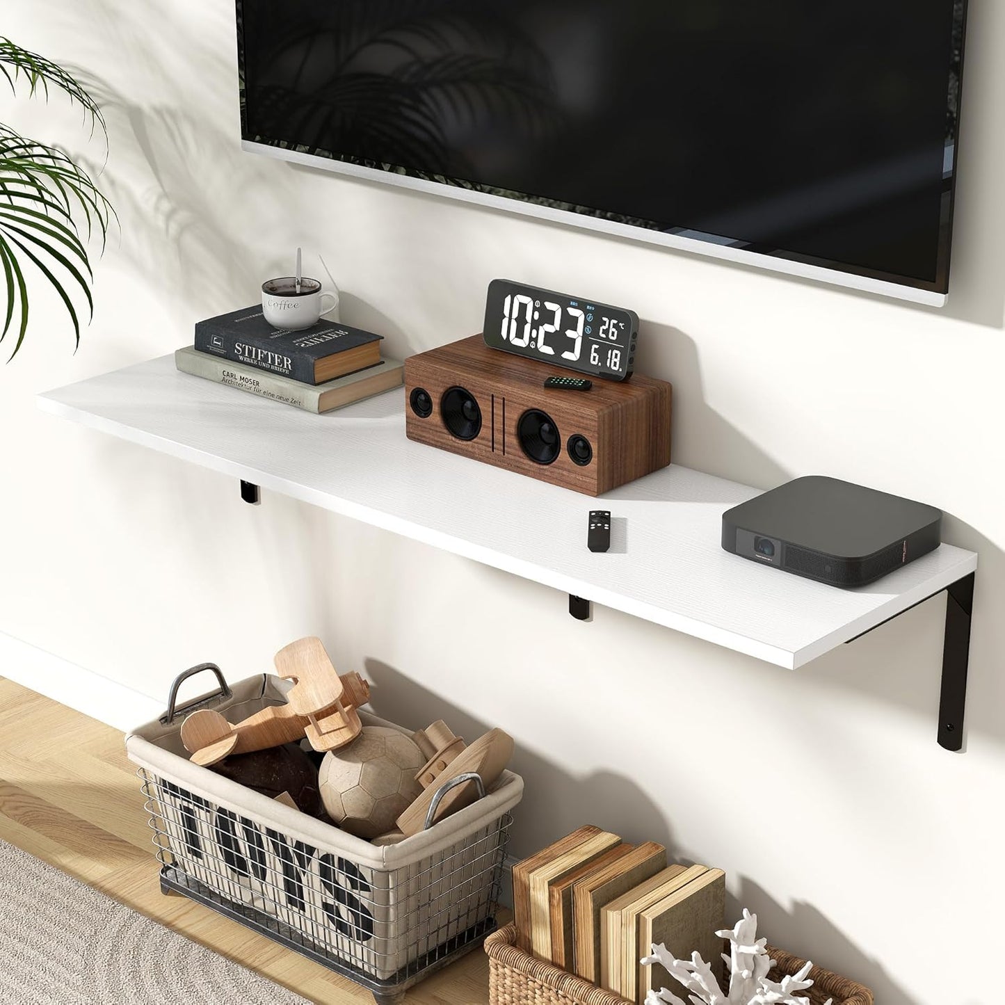 Fun Memories Floating Shelves for Wall, 12 Inch Deep Floating Shelves Set of 2, Wall Mounted Shelf with Metal Brackets, Rustic Wood Wide Shelf for Bathroom, Kitchen and Living Room, White, 48W x 12D