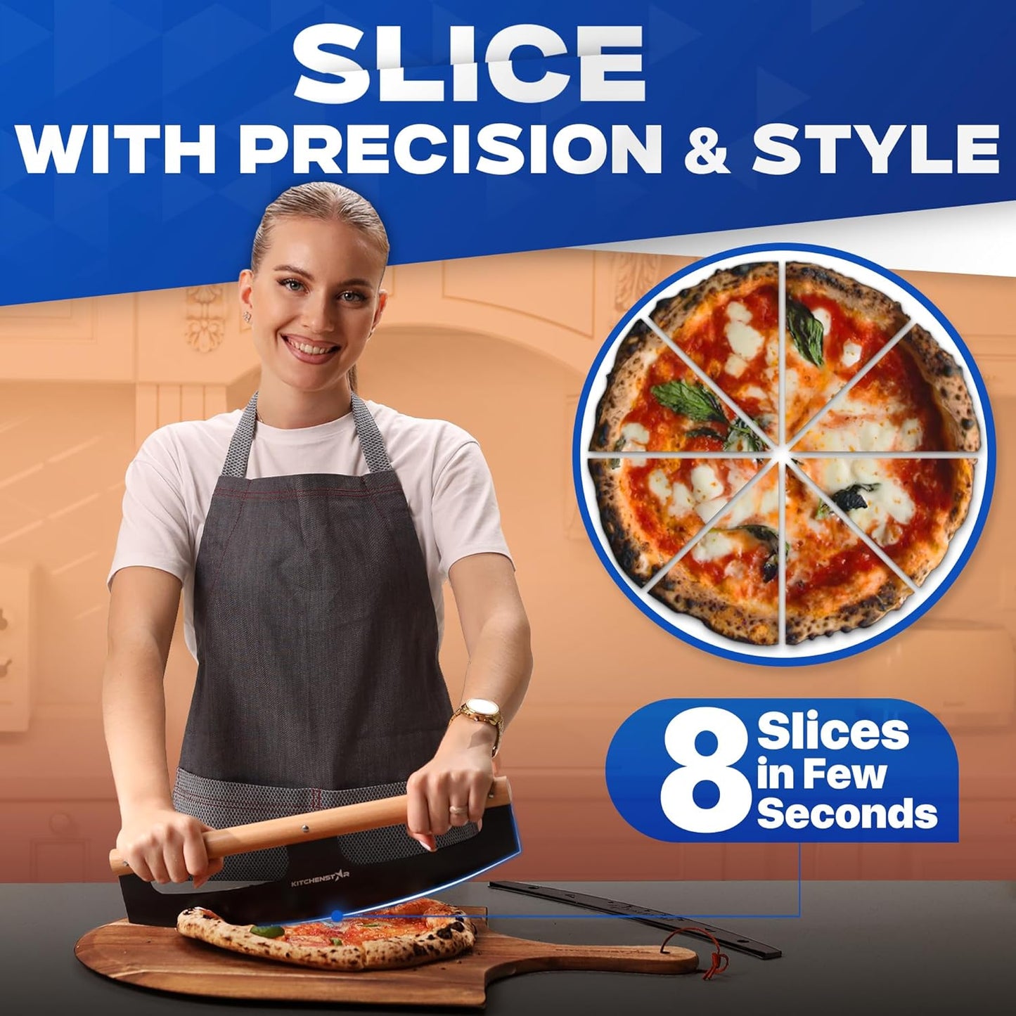 KitchenStar 14-Inch Pizza Cutter Rocker Blade - Razor Sharp Stainless Steel Slicer Knife, Stylish Beech Wood Handle, Protective Cover - Professional Pizza Oven Accessories, Black